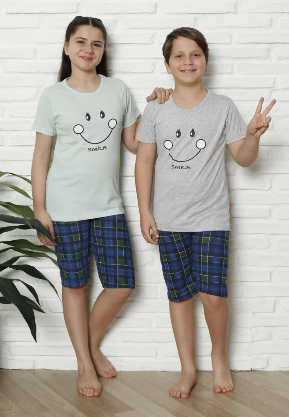 Pijama familie-copii, bumbac, mânecă scurtă și pantaloni 3/4, verde - 1