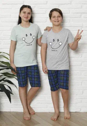 Pijama familie-copii, bumbac, mânecă scurtă și pantaloni 3/4, verde