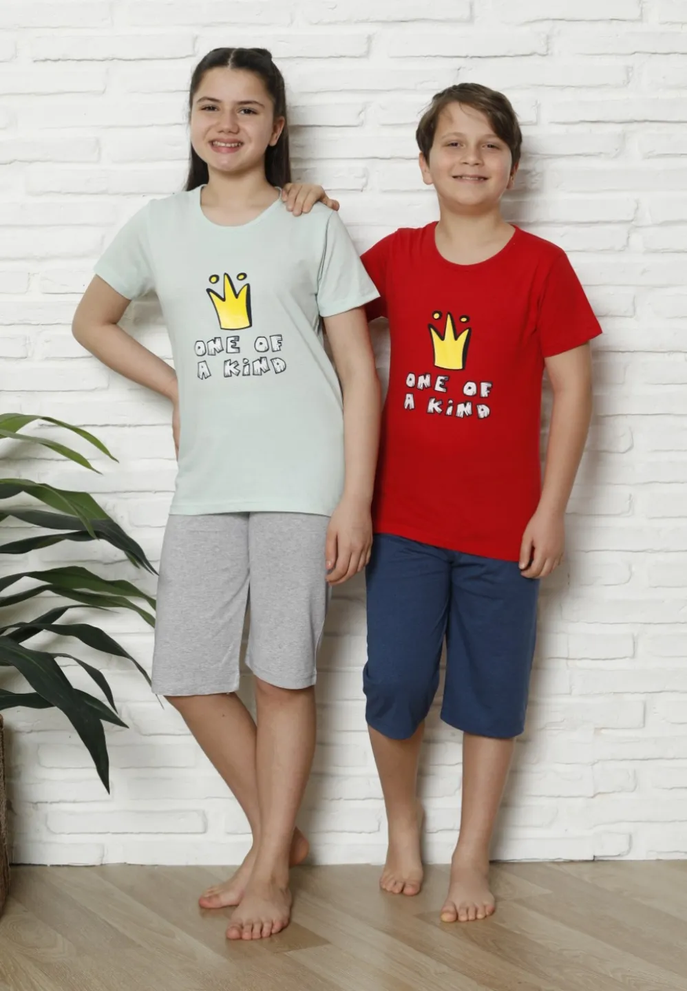 Pijama familie-copii, bumbac, mânecă scurtă și pantaloni 3/4, verde - 2