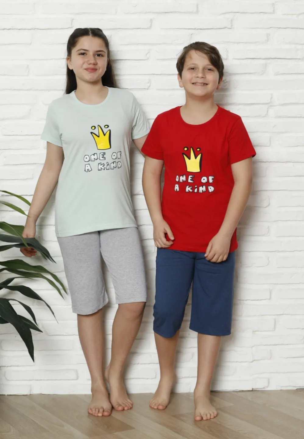 Pijama familie-copii, bumbac, mânecă scurtă și pantaloni 3/4, verde - 1