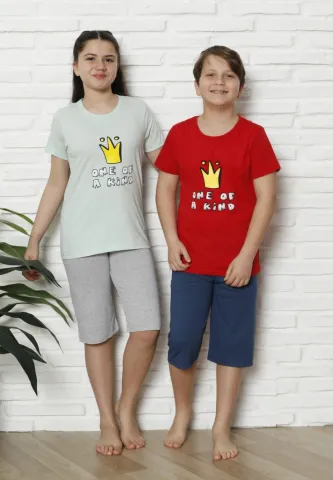 Pijama familie-copii, bumbac, mânecă scurtă și pantaloni 3/4, verde