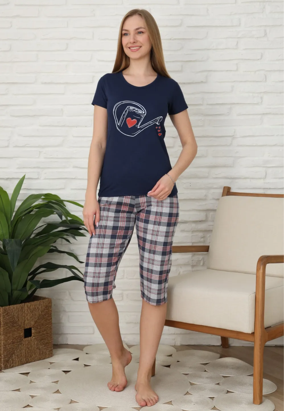 Pijama familie-damă, bumbac, mânecă scurtă și pantaloni 3/4, culoare bleumarin - 2