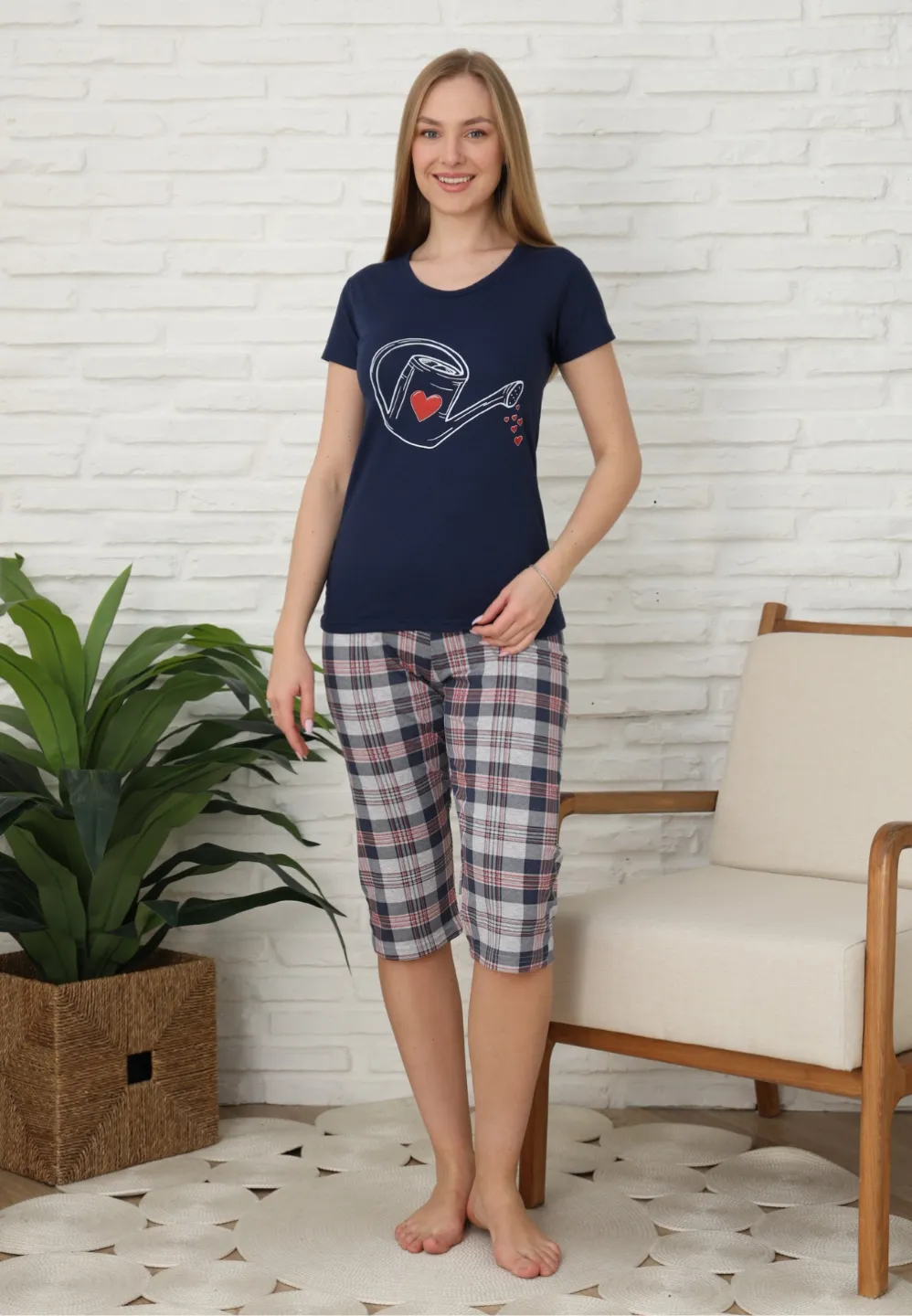 Pijama familie-damă, bumbac, mânecă scurtă și pantaloni 3/4, culoare bleumarin - 3