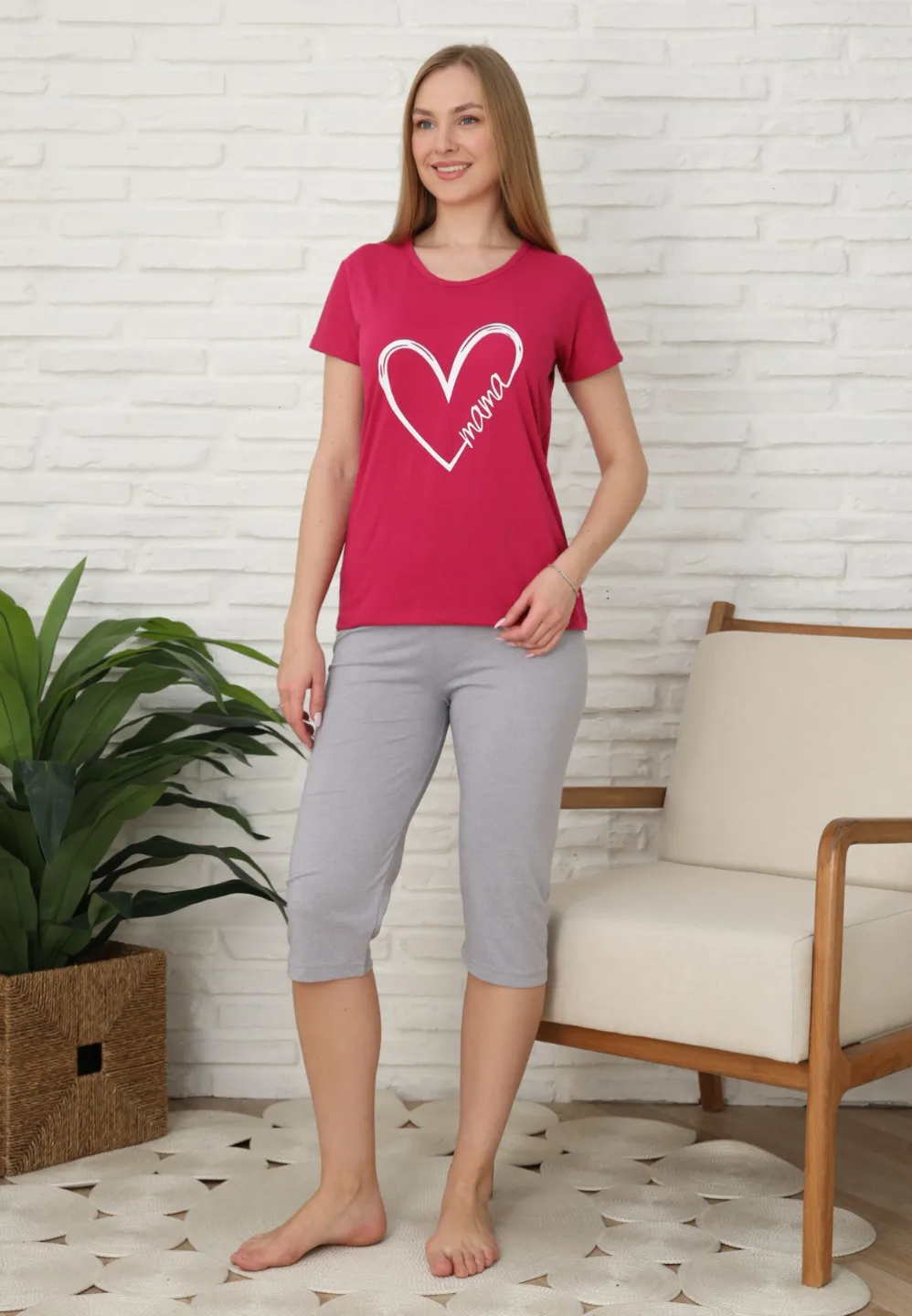 Pijama familie-damă, bumbac, mânecă scurtă și pantaloni 3/4, culoare fucsia - 2