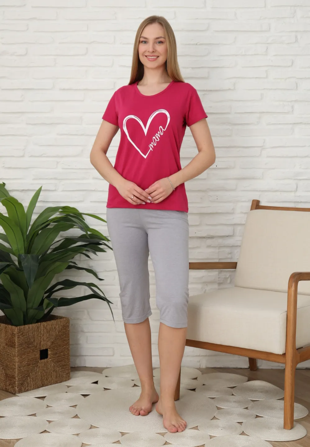 Pijama familie-damă, bumbac, mânecă scurtă și pantaloni 3/4, culoare fucsia - 1