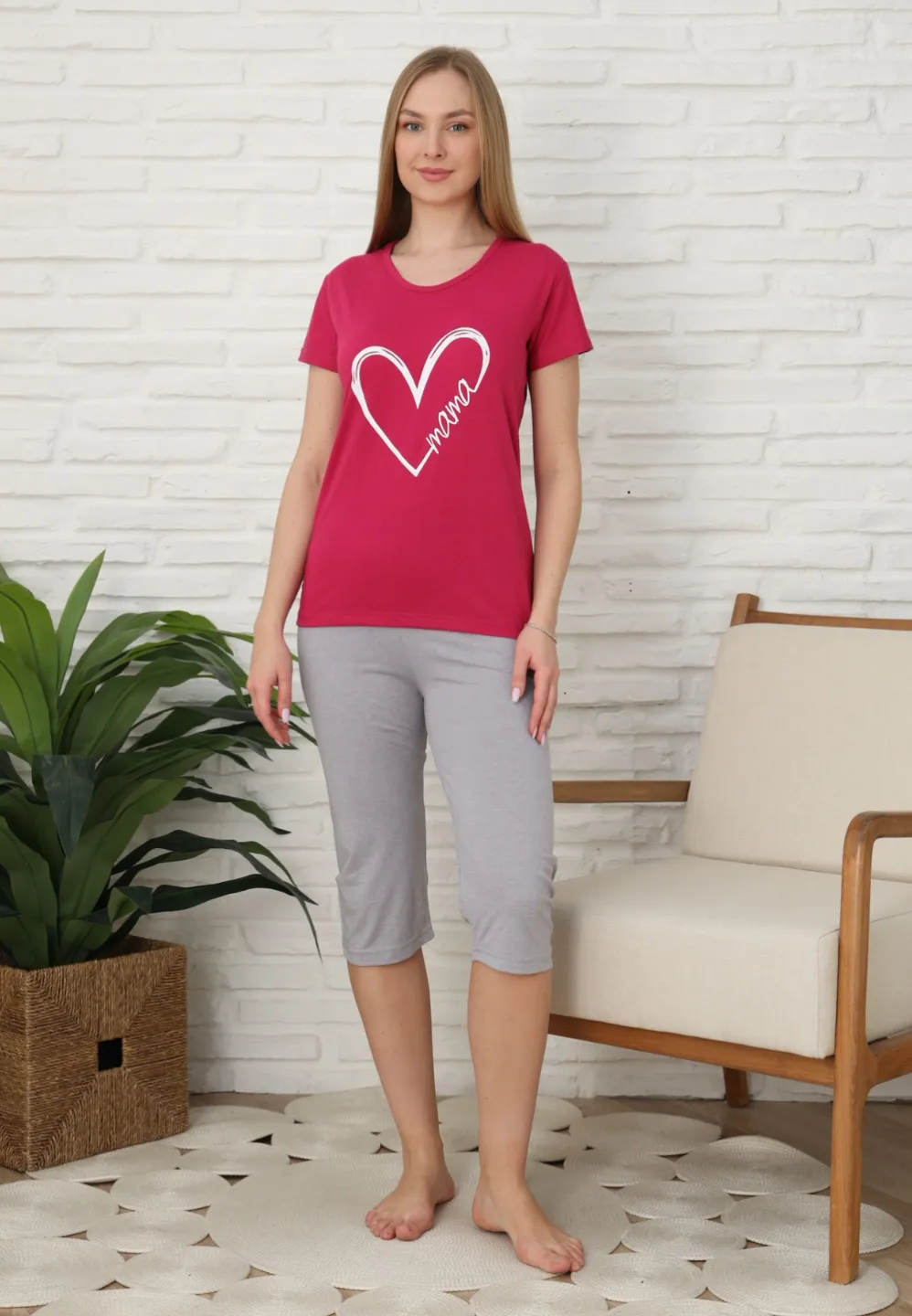 Pijama familie-damă, bumbac, mânecă scurtă și pantaloni 3/4, culoare fucsia - 3