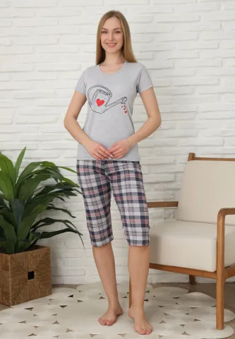 Pijama familie-damă, bumbac, mânecă scurtă și pantaloni 3/4, culoare gri, imprimeu stropitoare hover