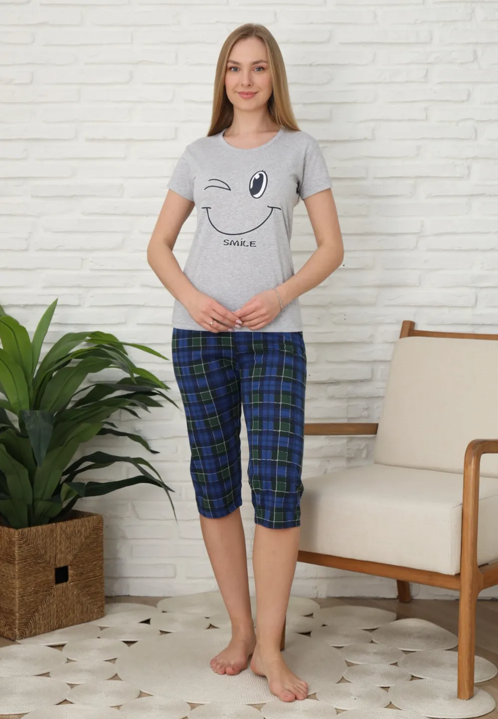 Pijama familie-damă, bumbac, mânecă scurtă și pantaloni 3/4, culoare gri - 2