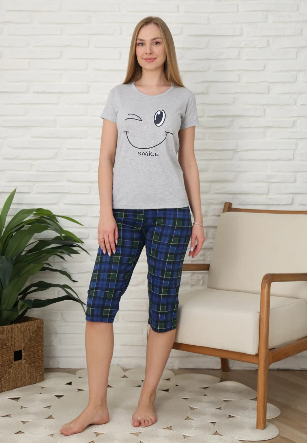 Pijama familie-damă, bumbac, mânecă scurtă și pantaloni 3/4, culoare gri - 3