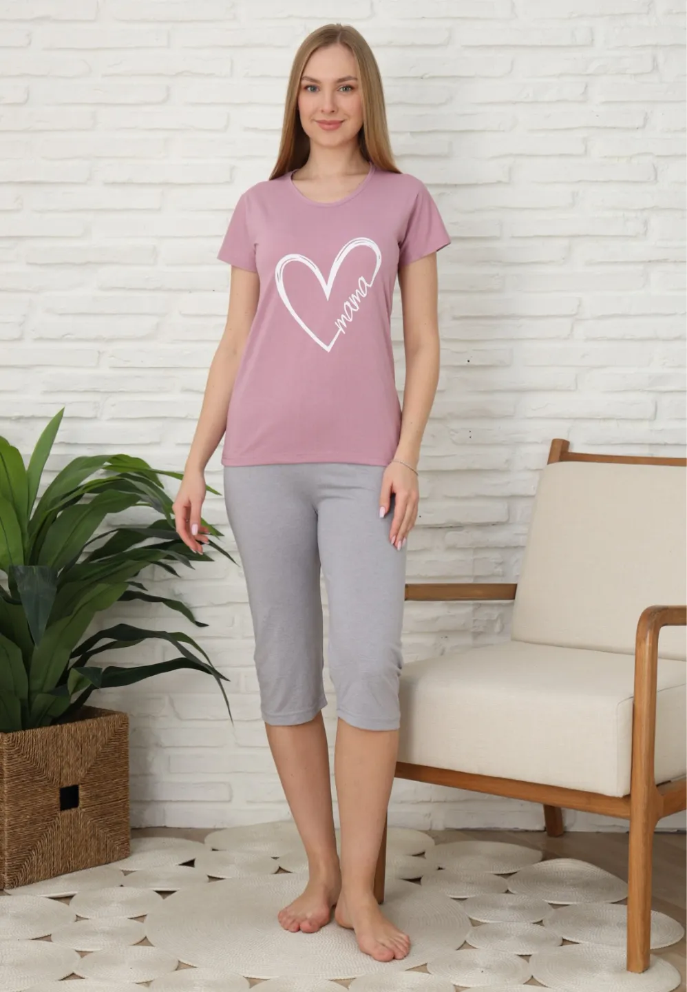 Pijama familie-damă, bumbac, mânecă scurtă și pantaloni 3/4, culoare lila - 2