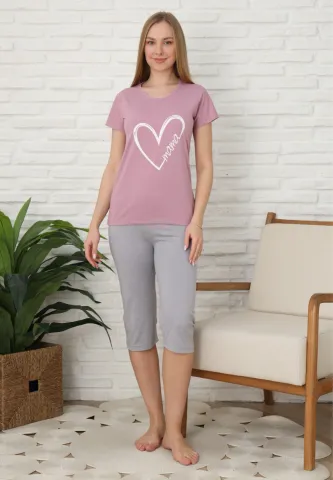 Pijama familie-damă, bumbac, mânecă scurtă și pantaloni 3/4, culoare lila hover