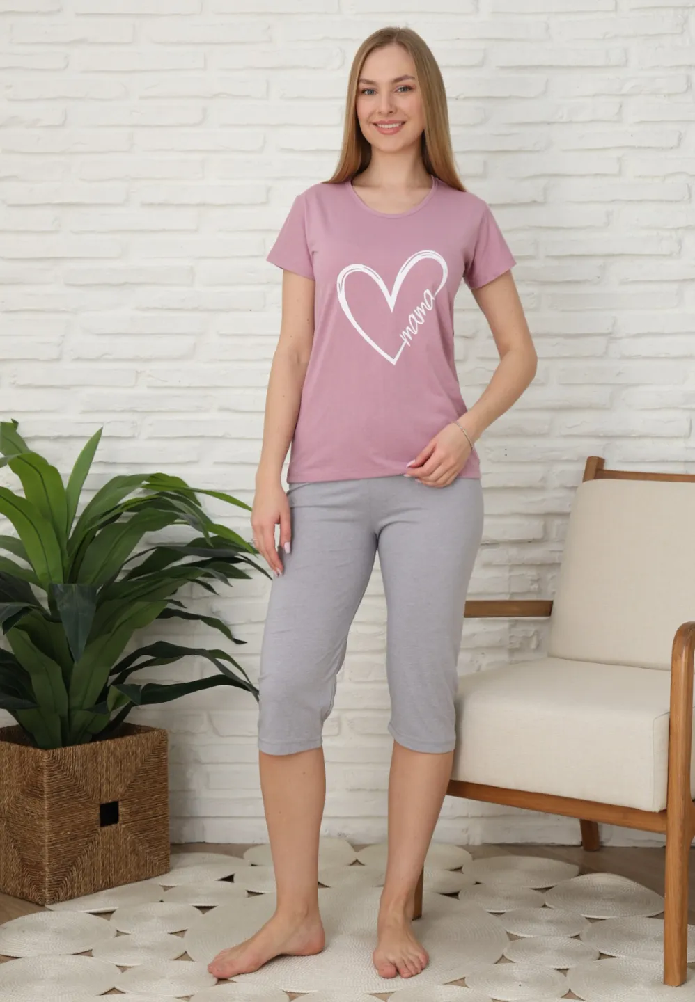 Pijama familie-damă, bumbac, mânecă scurtă și pantaloni 3/4, culoare lila - 3