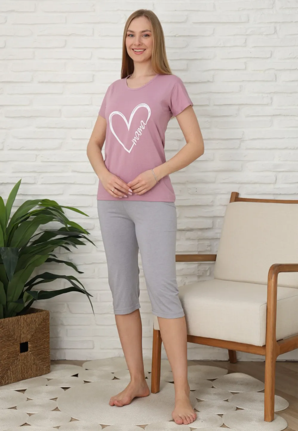 Pijama familie-damă, bumbac, mânecă scurtă și pantaloni 3/4, culoare lila - 1