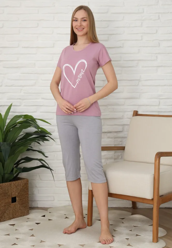 Pijama familie-damă, bumbac, mânecă scurtă și pantaloni 3/4, culoare lila