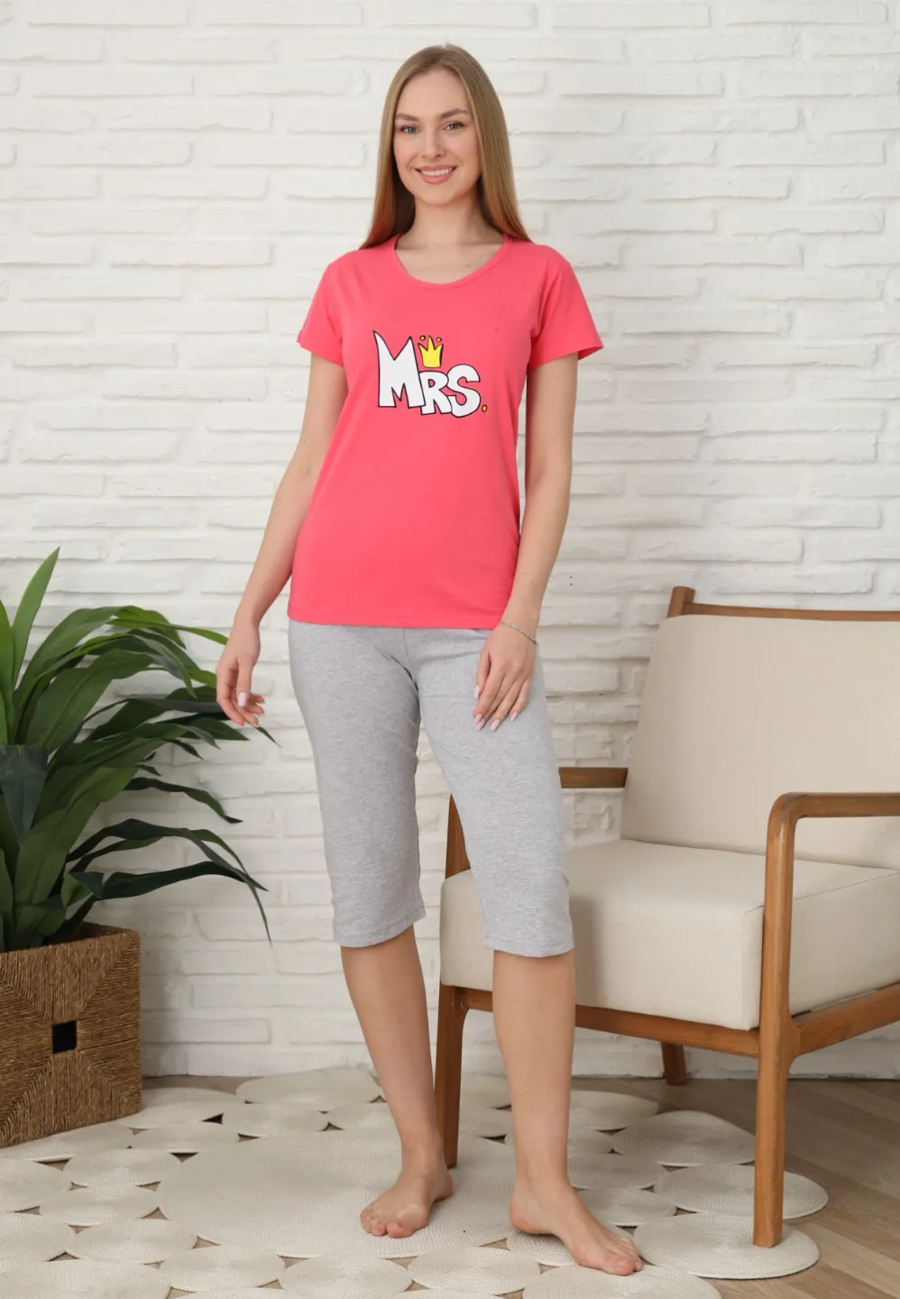 Pijama familie-damă, bumbac, mânecă scurtă și pantaloni 3/4, culoare roz închis - 1