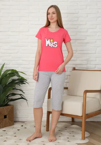 Pijama familie-damă, bumbac, mânecă scurtă și pantaloni 3/4, culoare roz închis hover