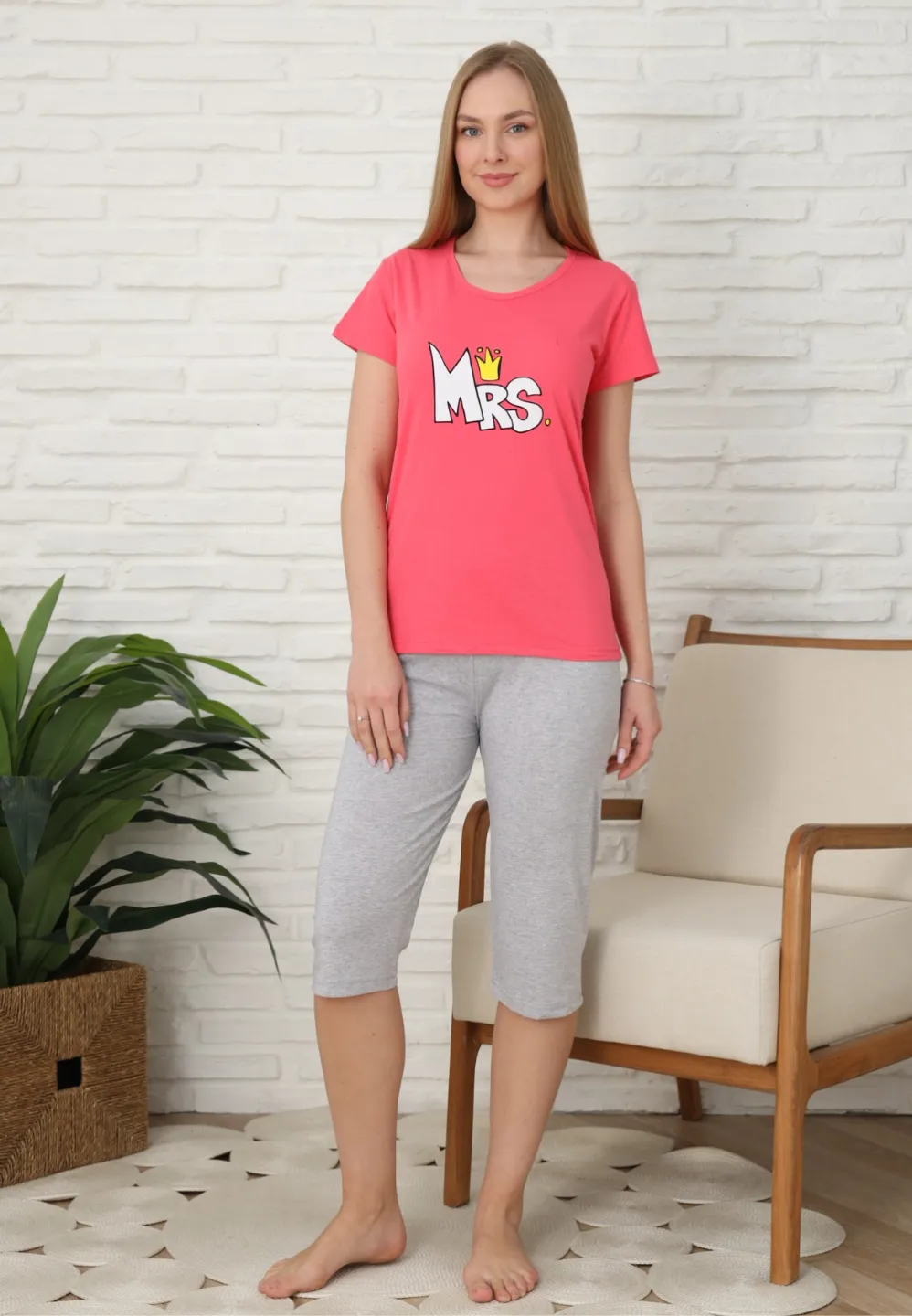 Pijama familie-damă, bumbac, mânecă scurtă și pantaloni 3/4, culoare roz închis - 3