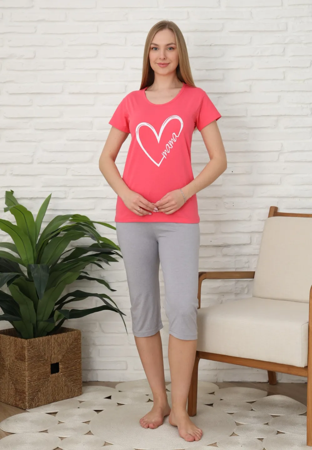 Pijama familie-damă, bumbac, mânecă scurtă și pantaloni 3/4, culoare roz, imprimeu inima - 1