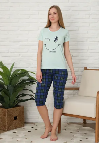 Pijama familie-damă, bumbac, mânecă scurtă și pantaloni 3/4, culoare verde hover