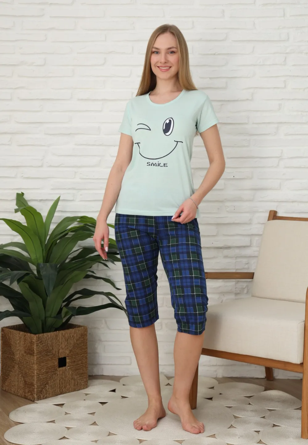 Pijama familie-damă, bumbac, mânecă scurtă și pantaloni 3/4, culoare verde - 3
