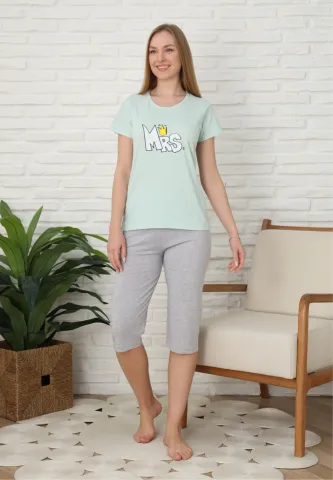 Pijama familie-damă, bumbac, mânecă scurtă și pantaloni 3/4, culoare verde, imprimeu MRS