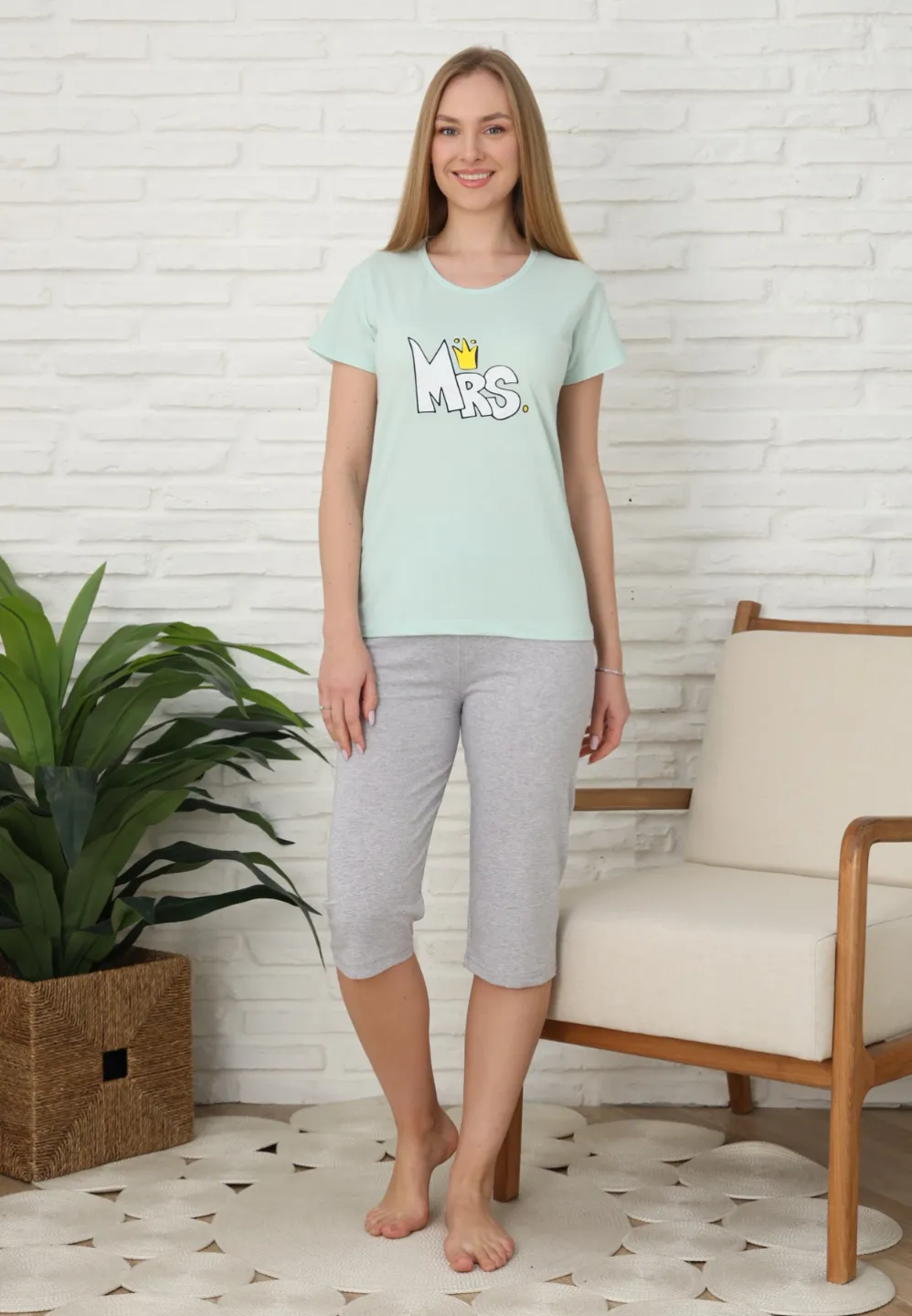 Pijama familie-damă, bumbac, mânecă scurtă și pantaloni 3/4, culoare verde, imprimeu MRS - 2