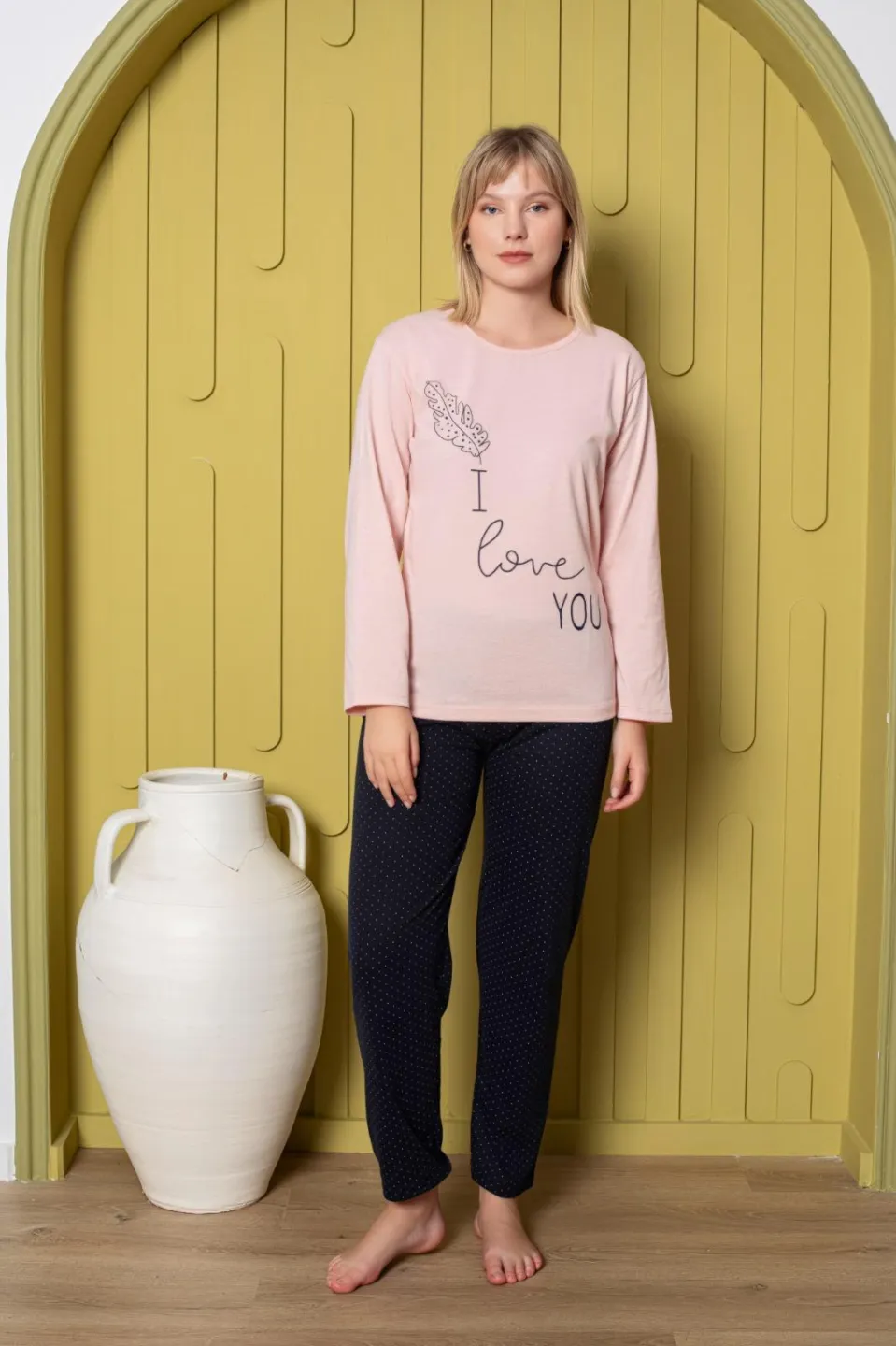 Pijama damă, cu mânecă lungă și pantaloni lungi din bumbac, imprimeu I Love You - 2