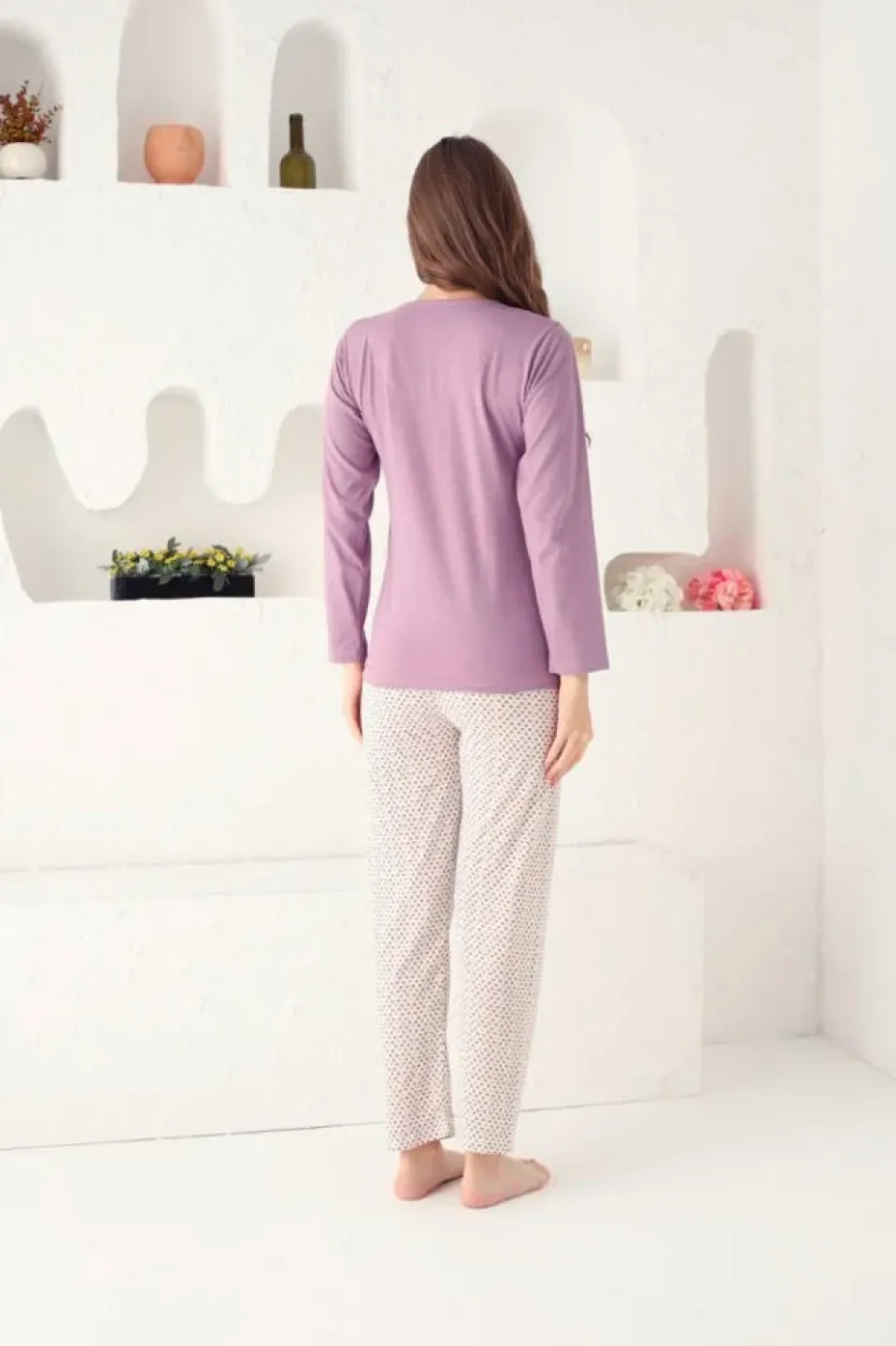 Pijama damă big size, mânecă lungă și pantaloni lungi, imprimeu Like a Star, mov - 2