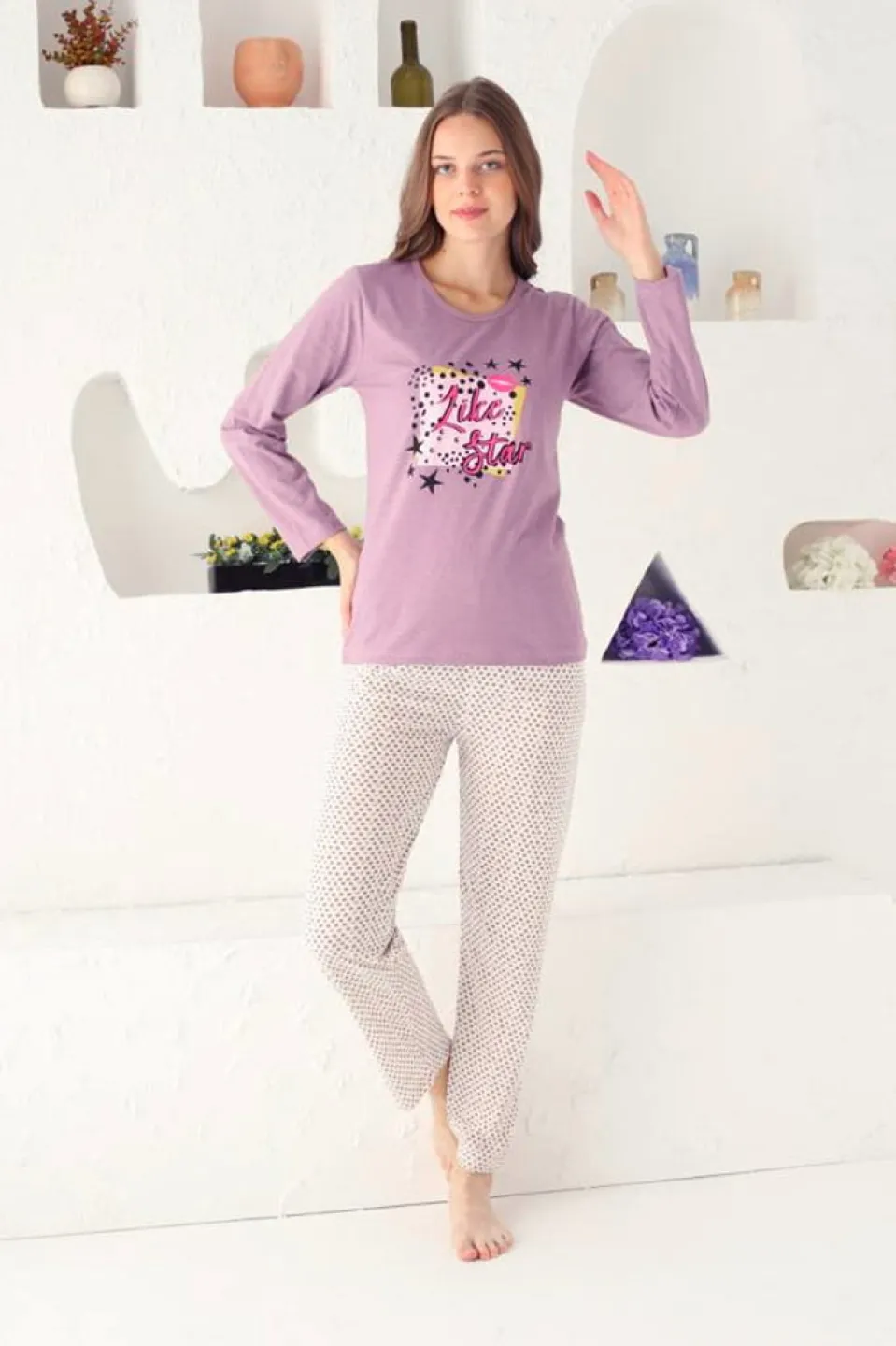 Pijama damă big size, mânecă lungă și pantaloni lungi, imprimeu Like a Star, mov - 1