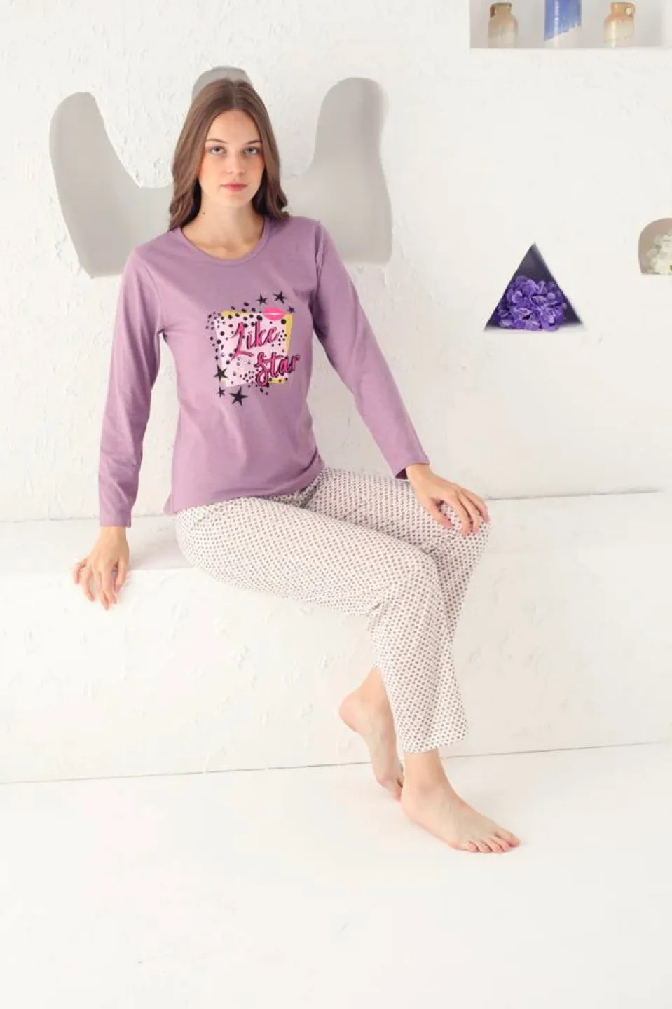 Pijama damă big size, mânecă lungă și pantaloni lungi, imprimeu Like a Star, mov - 3