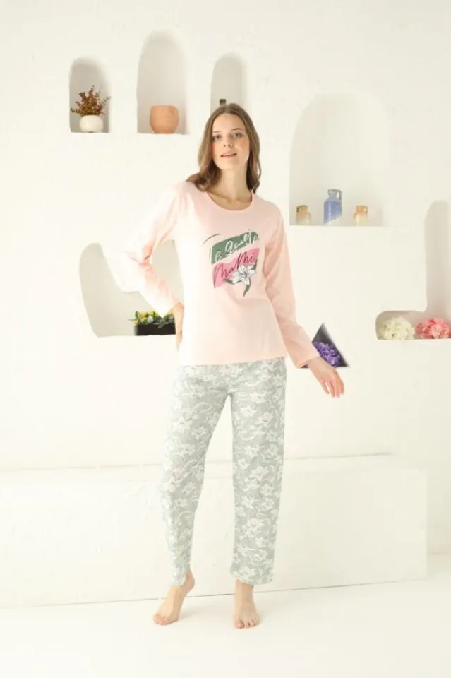 Pijama damă big size, mânecă lungă și pantaloni lungi, imprimeu Te Quiero, roz