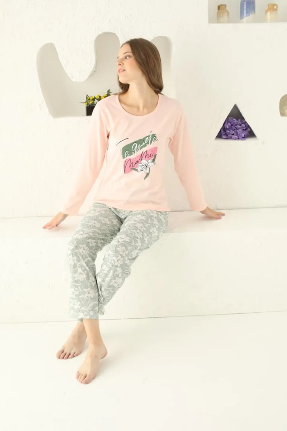 Pijama damă big size, mânecă lungă și pantaloni lungi, imprimeu Te Quiero, roz - 2