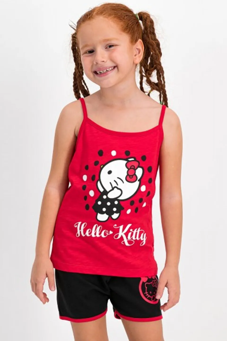 Pijama fete cu maiou și pantalon scurt, imprimeu Hello Kitty, Rosu - 1