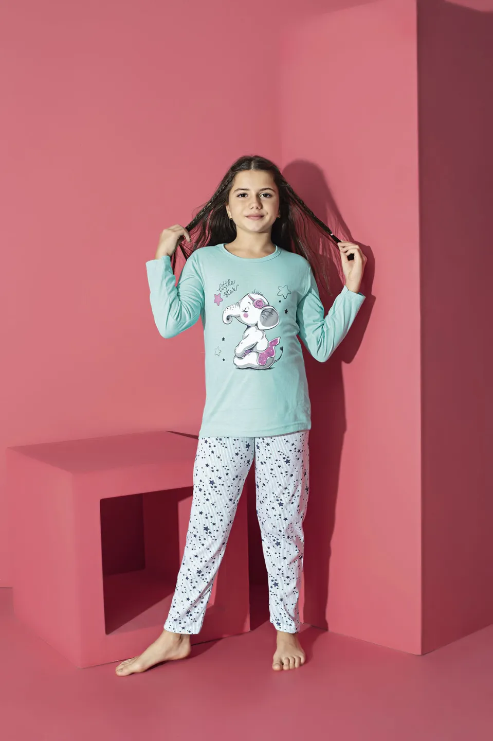 Pijama Fete, Mânecă Lungă, Imprimeu elefant, Blue - 1