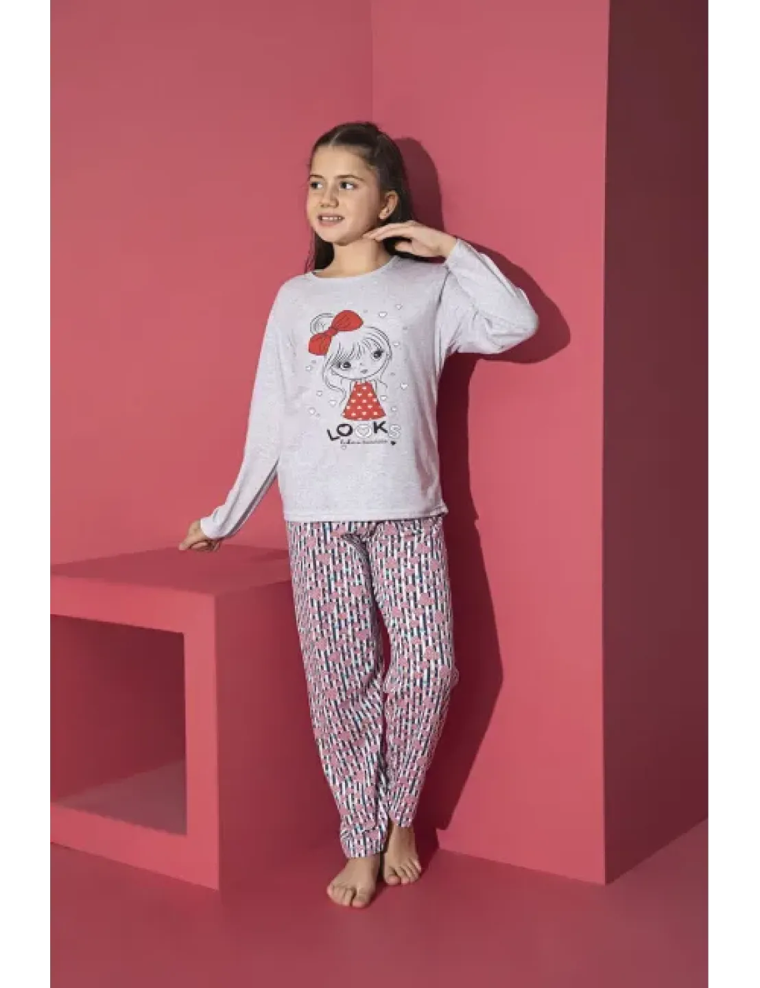 Pijama Fete, Mânecă Lungă, Imprimeu Looks, gri - 1