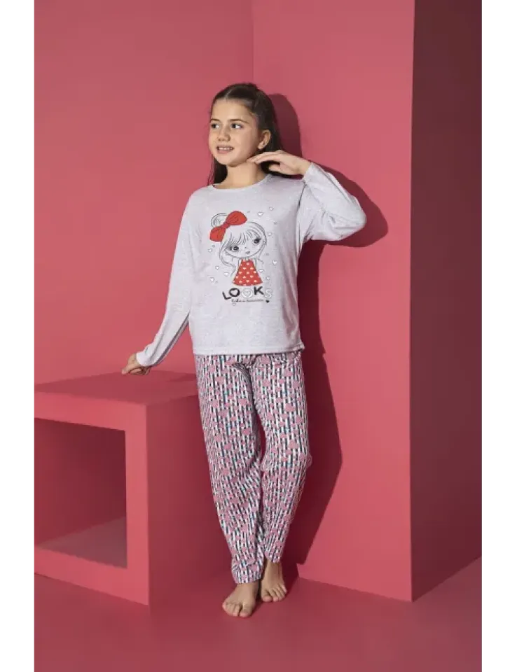 Pijama Fete, Mânecă Lungă, Imprimeu Looks, gri