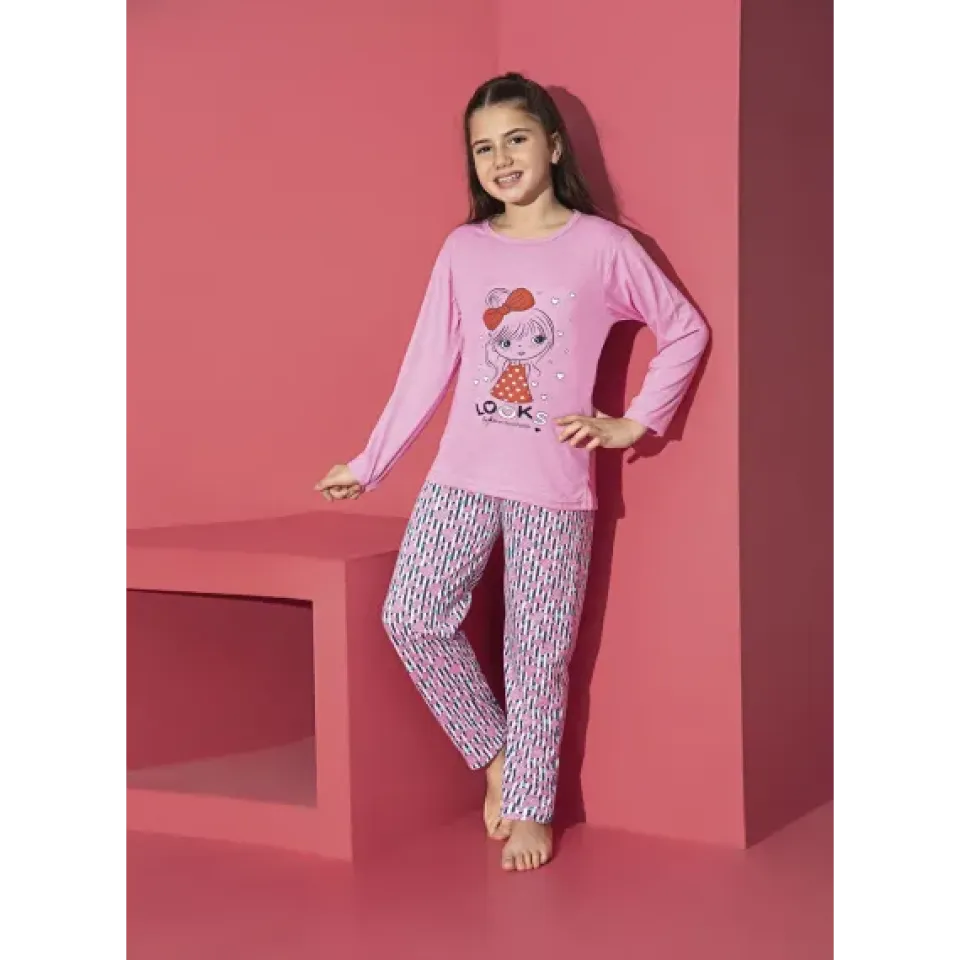 Pijama Fete, Mânecă Lungă, Imprimeu Looks, roz-deschis
