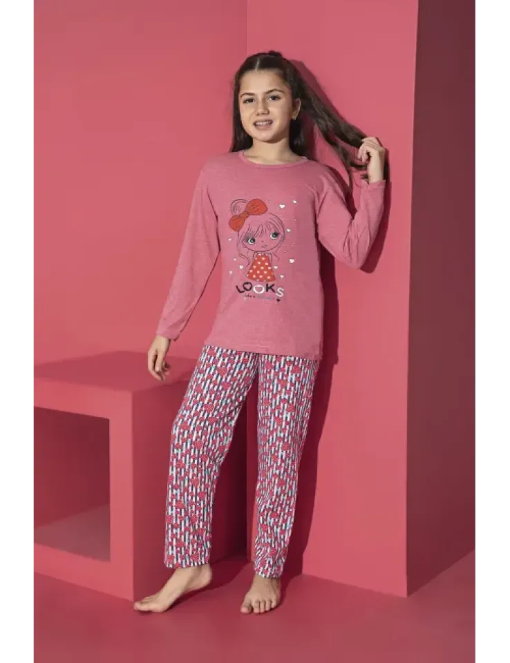Pijama Fete, Mânecă Lungă, Imprimeu Looks, Roz Închis