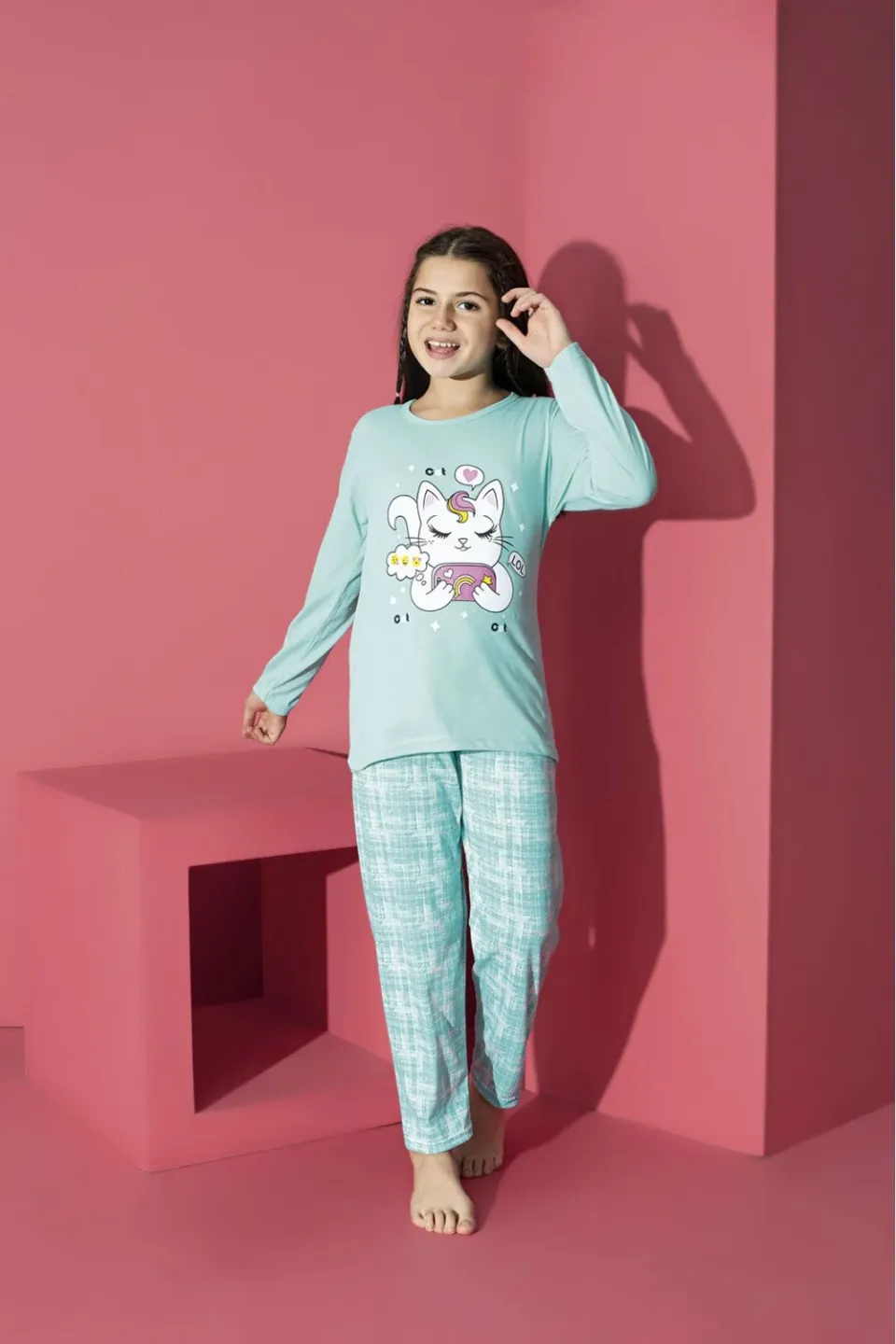 Pijama Fete, Mânecă Lungă, Imprimeu pisicuta, blue - 1