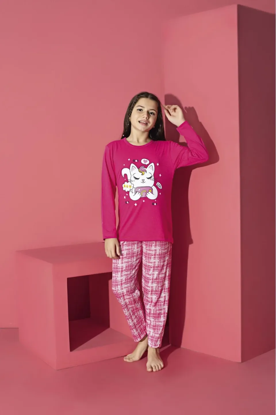 Pijama Fete, Mânecă Lungă, Pantaloni Lungi, Imprimeu Pisicuta, Roz - 1