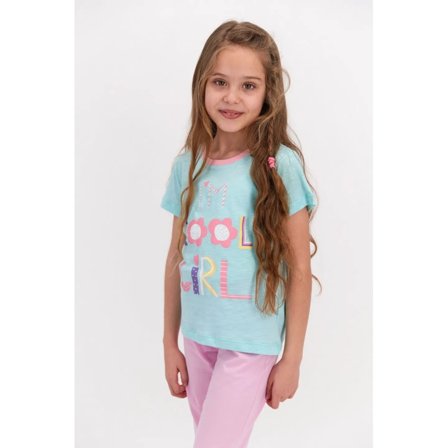 Pijama fetițe bumbac, mânecă scurtă și pantaloni 3/4, imprimeu Cool Girl, albastru - 3