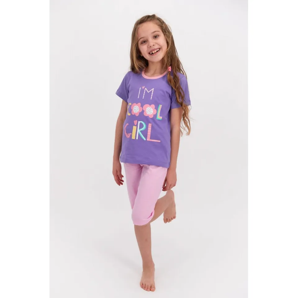Pijama fetițe bumbac, mânecă scurtă și pantaloni 3/4, imprimeu Cool Girl, mov
