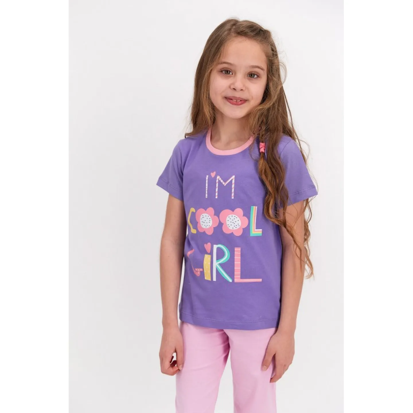 Pijama fetițe bumbac, mânecă scurtă și pantaloni 3/4, imprimeu Cool Girl, mov - 2