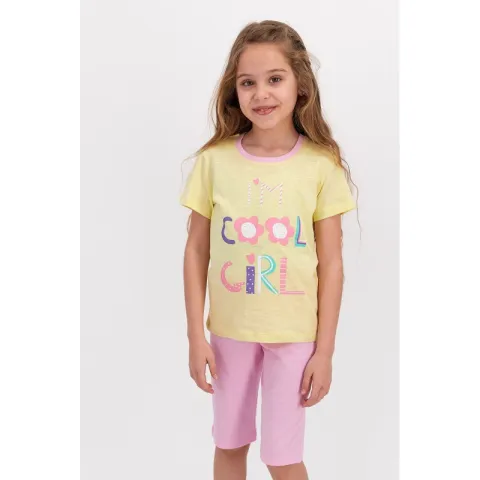 Pijama fetițe bumbac, mânecă scurtă și pantaloni 3/4, imprimeu Cool Girl, galben hover