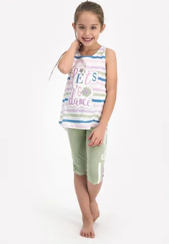 Pijama fetițe cu maiou și pantaloni trei sferturi, imprimeu LET'S GO DANCE, verde