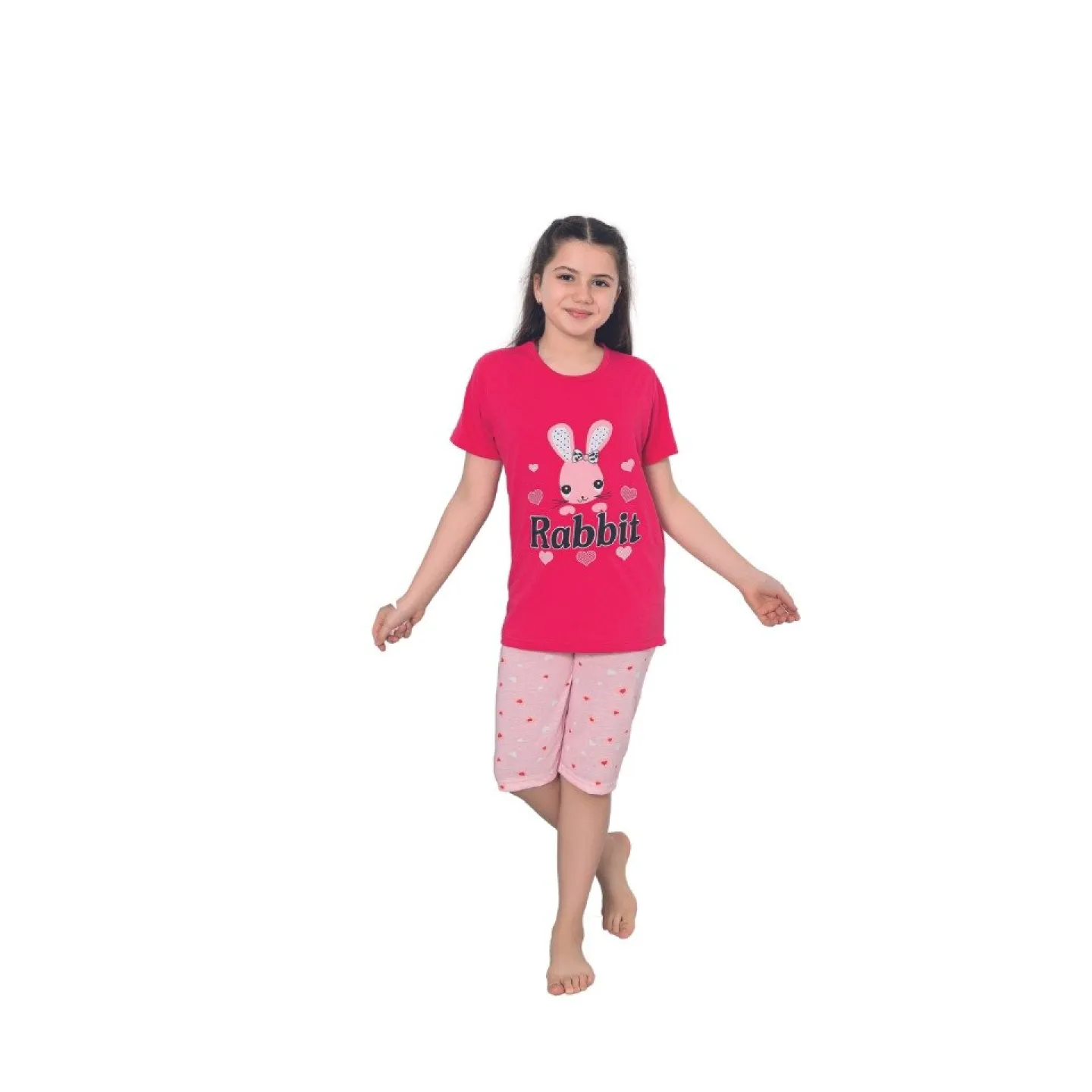 Pijama fetițe cu mânecă scurtă și pantalon 3/4, imprimeu Rabbit, roz închis - 1