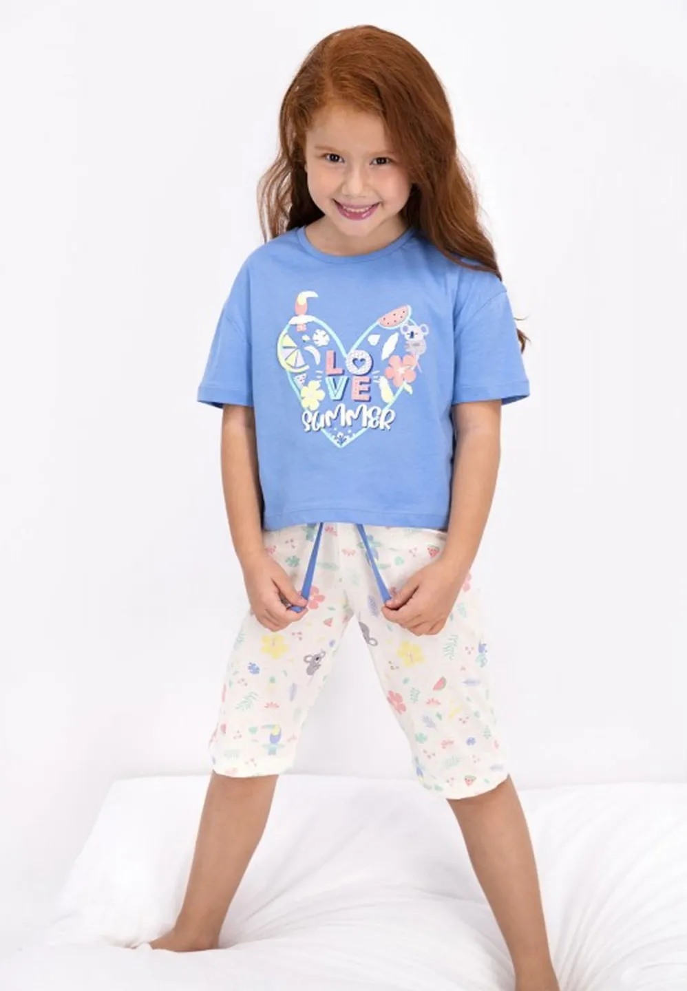 Pijama fetițe cu tricou și pantaloni trei sferturi, imprimeu LOVE SUMMER, Albastru - 1