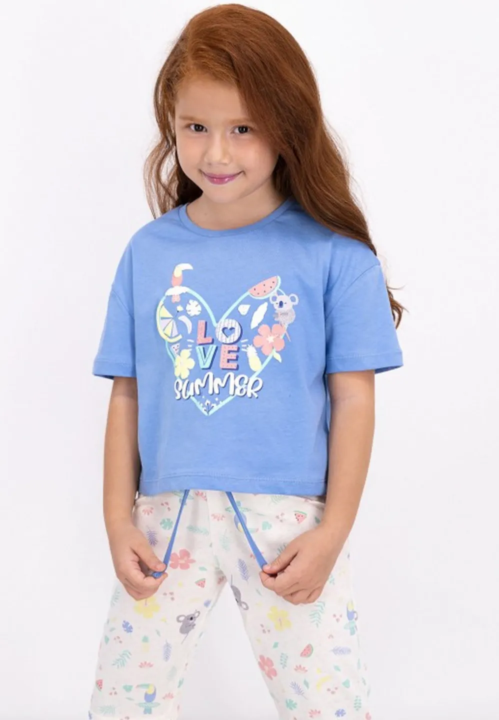 Pijama fetițe cu tricou și pantaloni trei sferturi, imprimeu LOVE SUMMER, Albastru - 2