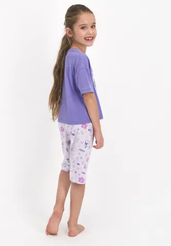 Pijama fetițe cu tricou și pantaloni trei sferturi, imprimeu LOVE SUMMER, Mov hover