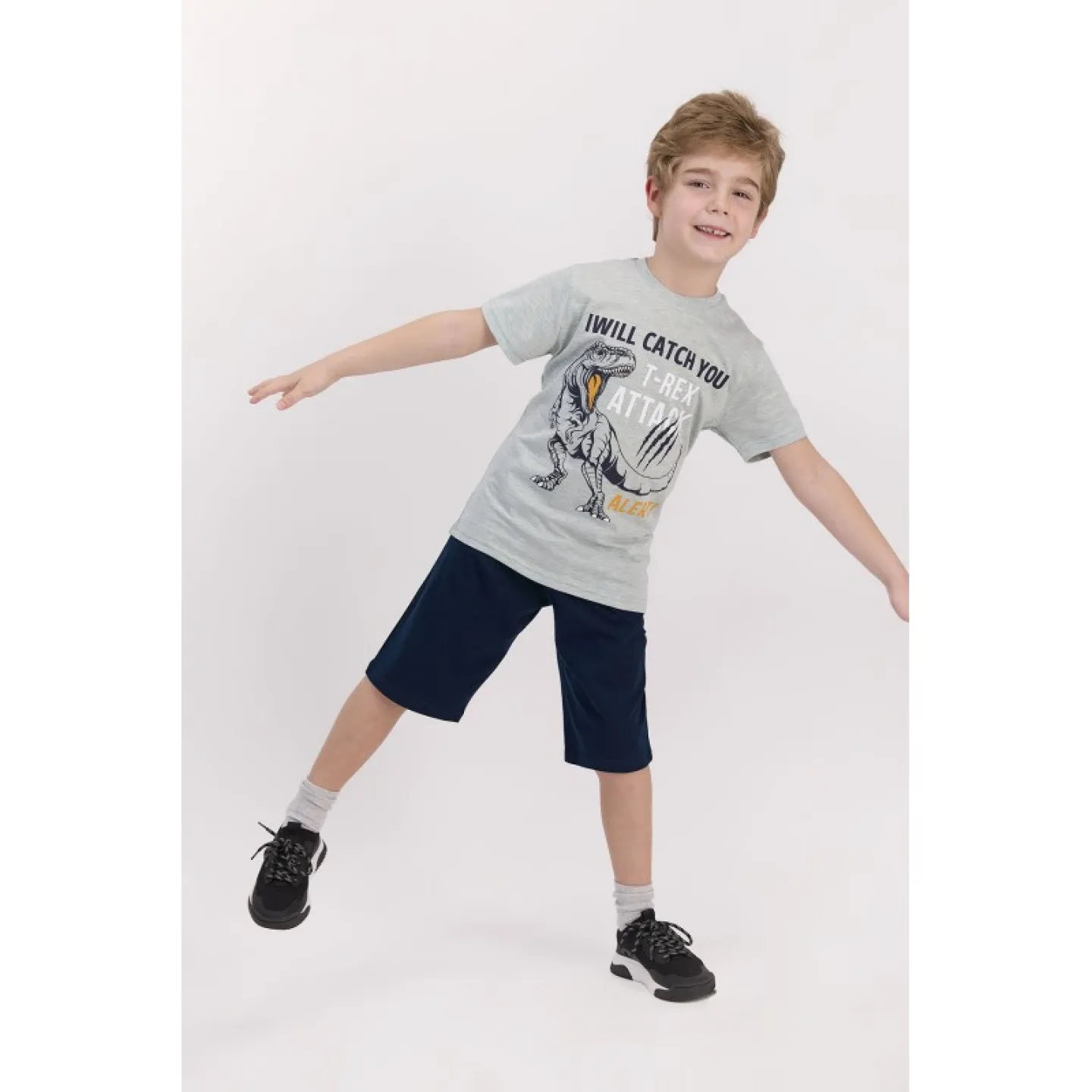 Pijama pentru băieței cu mânecă scurtă și pantaloni 3/4, model T-Rex Attack, gri - 1